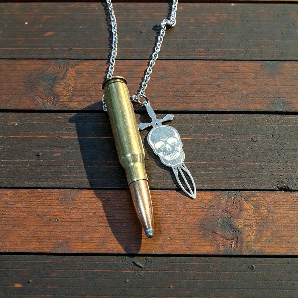 🆕 308 Winchester with Skull on a Sword Pendant Necklace